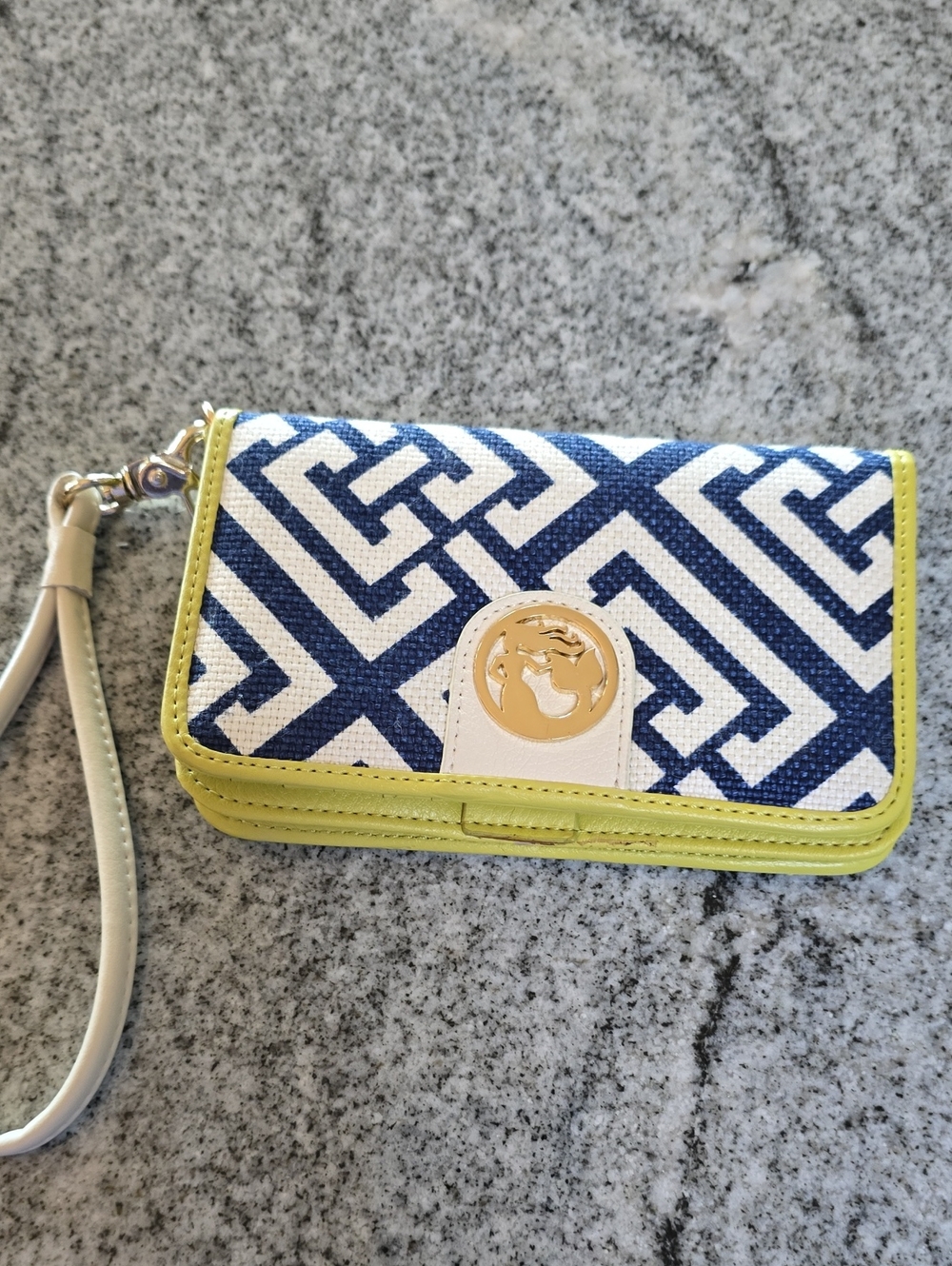 Navy Geo-Print Wristlet Clutch with Lime Trim